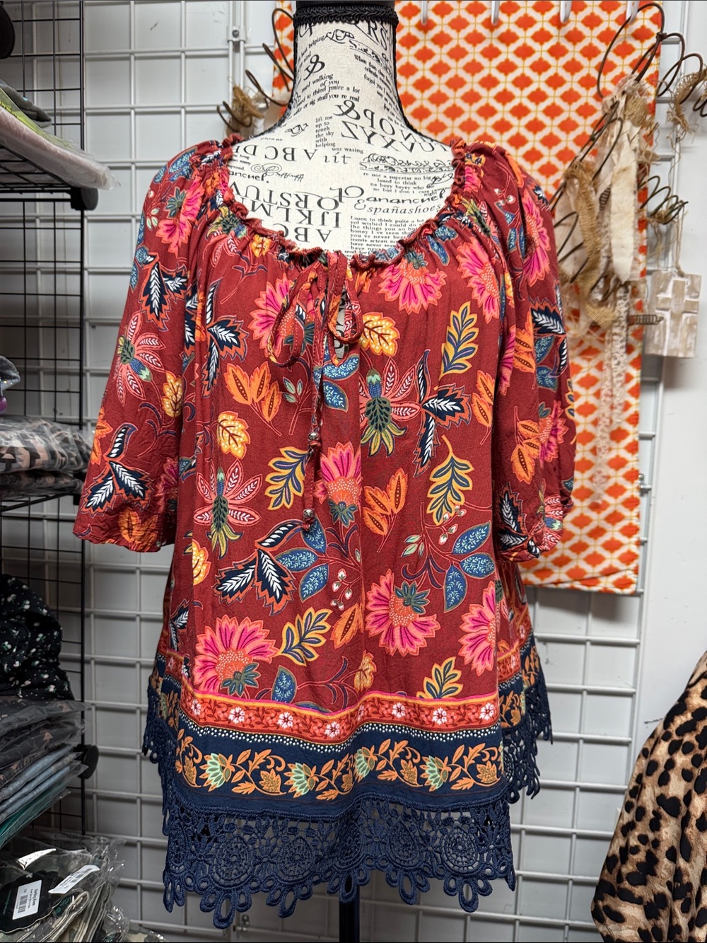 Cato Floral Peasant Top in Rust with Pink & Navy Accents